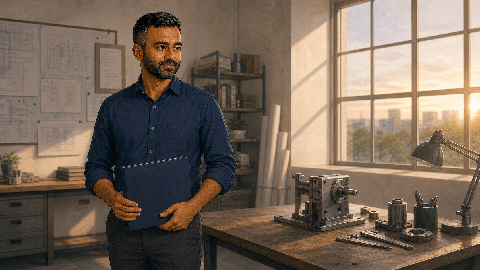 Illustrated Sama holding a project folder in an engineering workshop