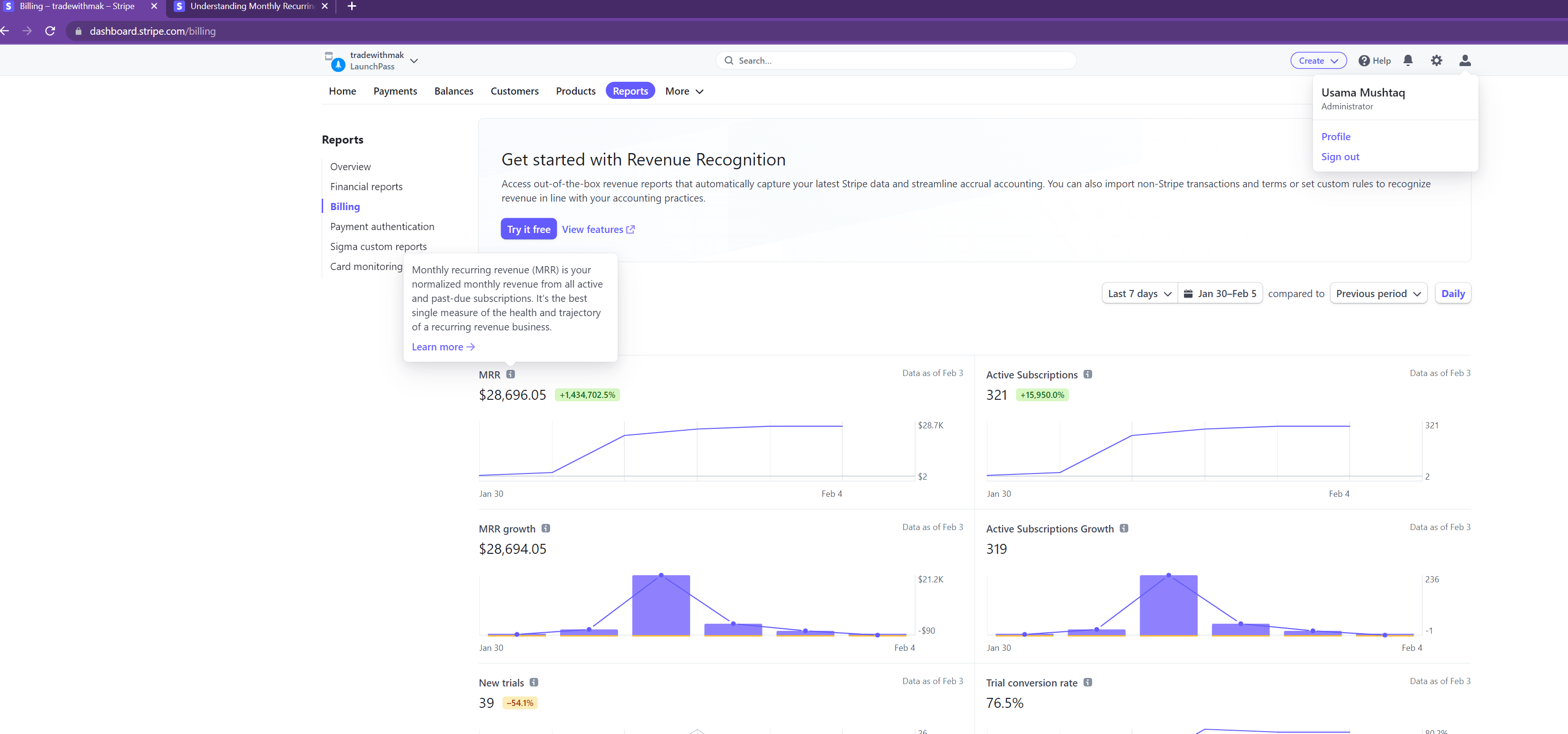 Sanitized Stripe monthly recurring revenue snapshot for MAK Trading